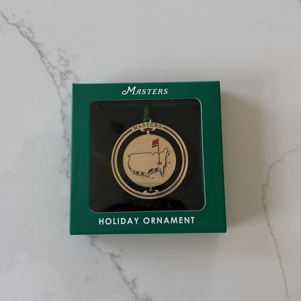 Masters Gold and Green Holiday Ornament with Red Flag Accent